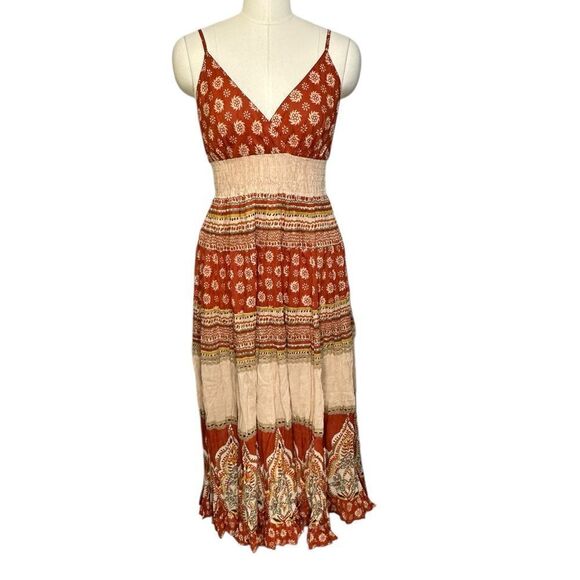 Chaudry KC Cream and Brown Print Smocked Boho Sundress| Size S - Picture 1 of 10
